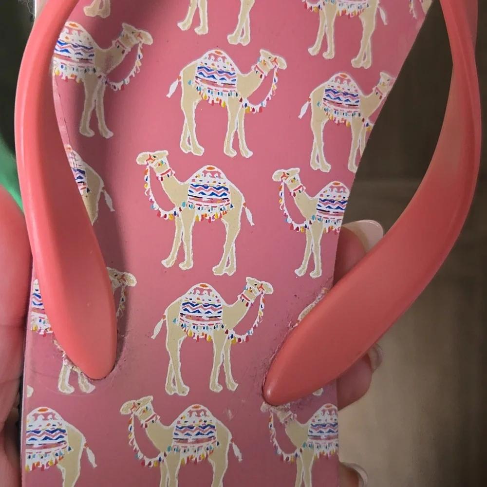 Kate Spade Pink Flip Flops with camel Print
